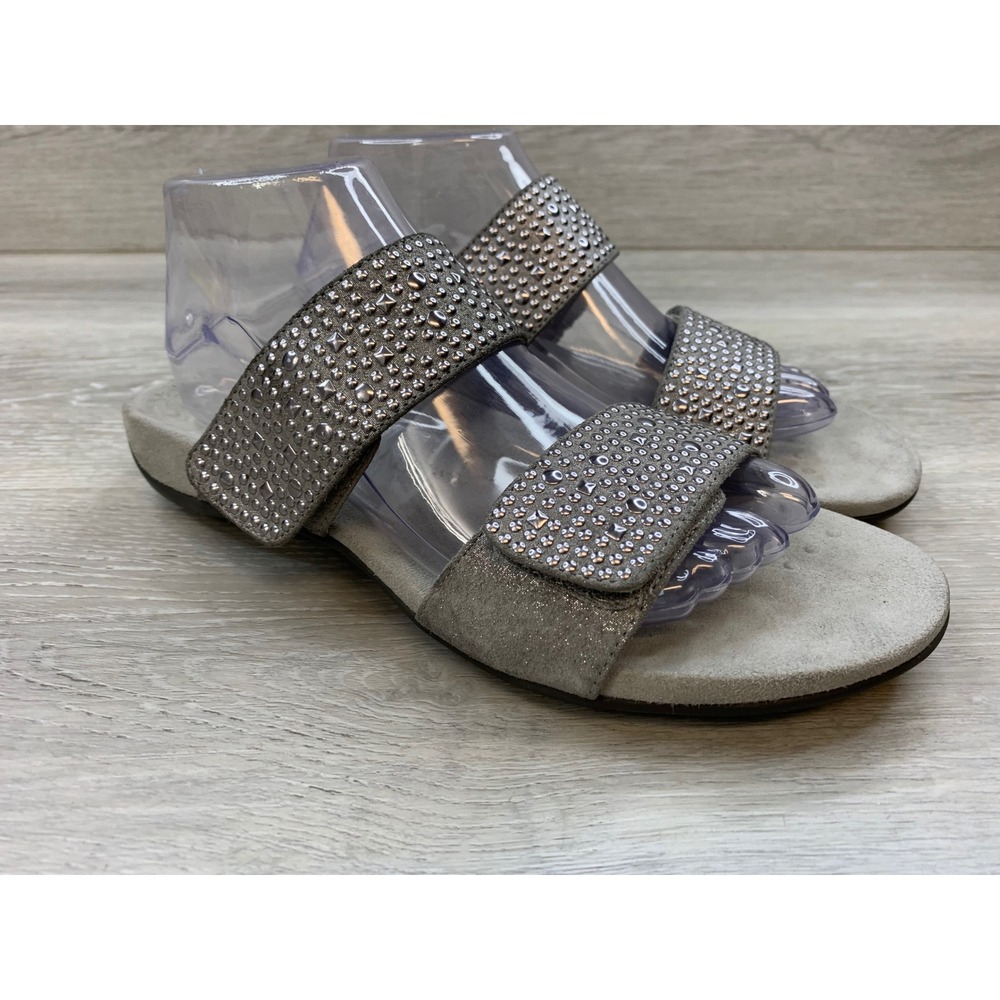 Vionic Samara Slide Sandals Pewter Grey Studded Orthotic Women's 9 Shoes